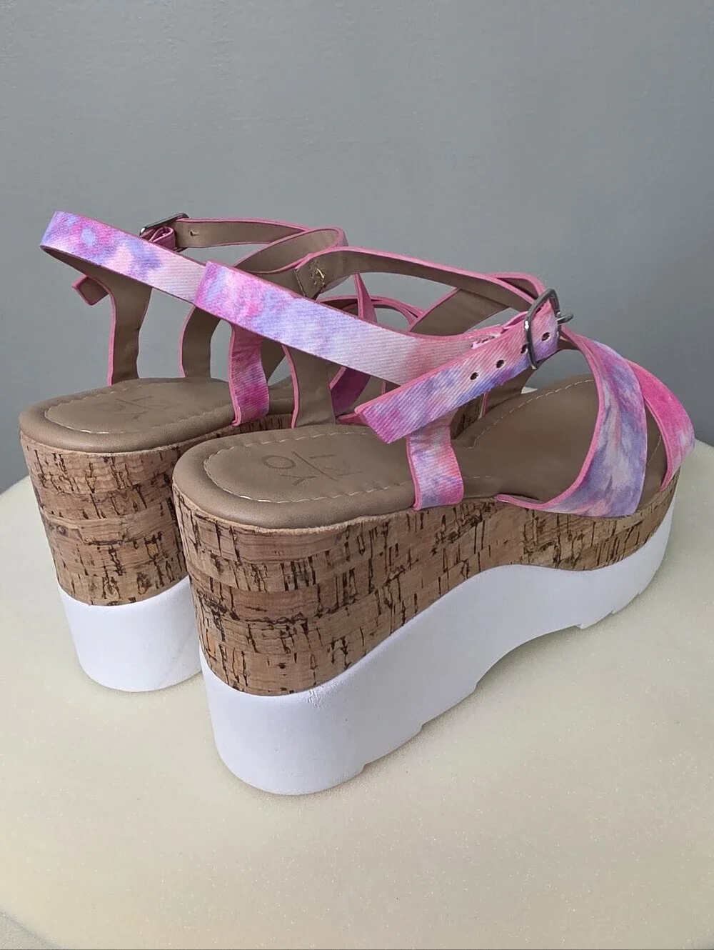 YOKI Jackie Pink Purple Tie Dye Strappy Platform Cork Wedge Sandals NEW Size 7.5